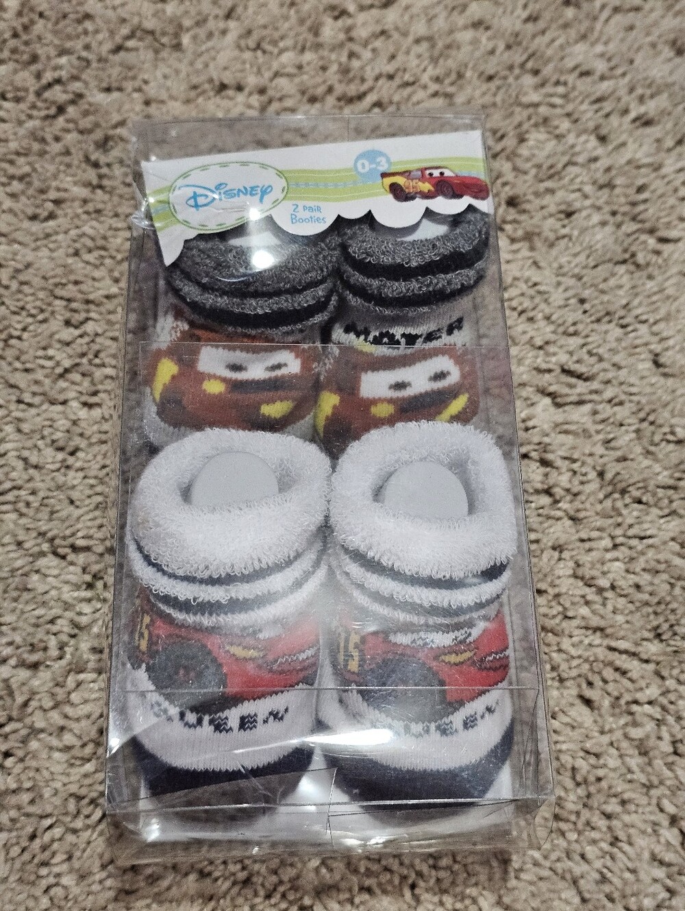 New! Disney Cars Baby Booties - Size 0-3 Month - 2 Pair Socks - Mater & McQueen